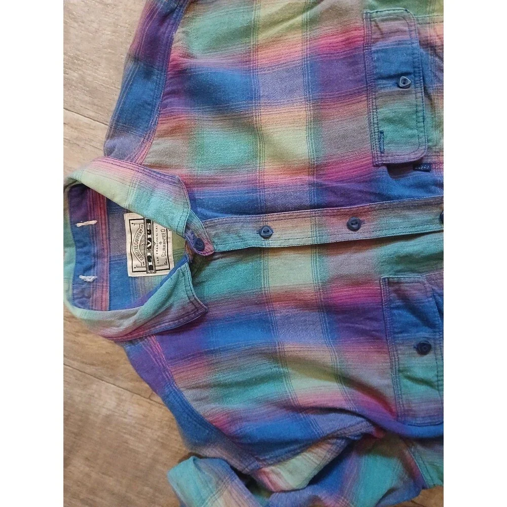 Vintage Levi's Rainbow Plaid Flannel Long Sleeve Button Up Shirt Size Mens Large